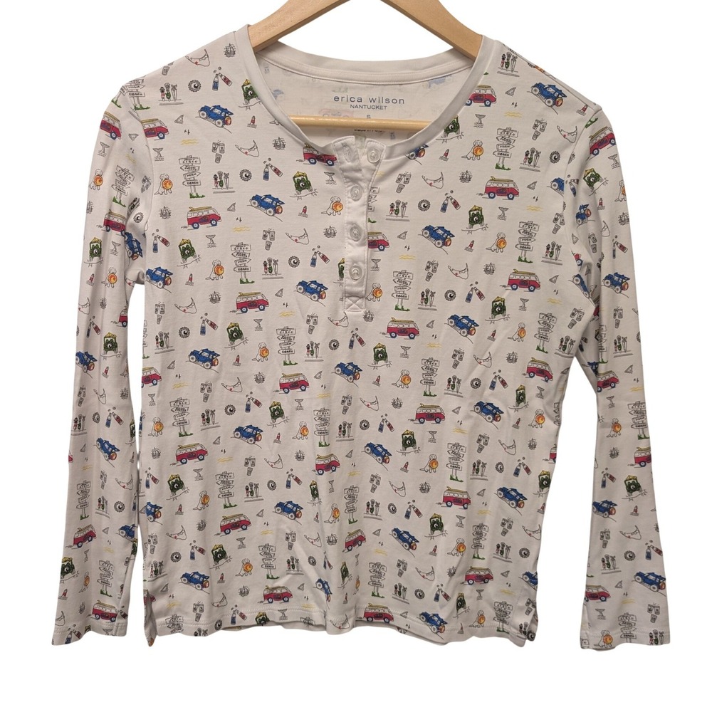Erica Wilson Nantucket Pima Cotton Henley Long Sleeve Tee White Print S